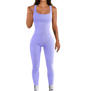 Womens Sleeveless Bodysuit Ribbed Jumpsuit Workout Exercise Running Yoga Catsuit
