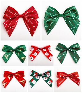 Christmas Bows Self-Adhesive 5cm 10cm Pre-Tied Printed Ribbon - Xmas Gift Craft