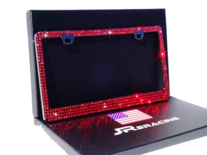 LUXURY 4 ROW RED Crystal Rhinestone Embedded BLACK License Plate Frame-GIFT BOX - Picture 1 of 3