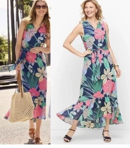 NWT Women $169 Talbots Voile Hibiscus Maxi Dress Belted Blue Floral Cotton 20W - Picture 1 of 6