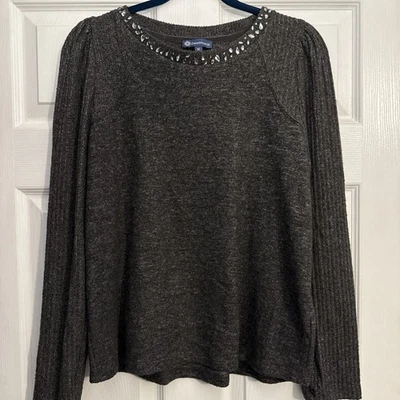 Democracy Long Puff Shoulder Sleeve Crew Neck Embellished Neckline knit top Sz M - Image 1 of 4