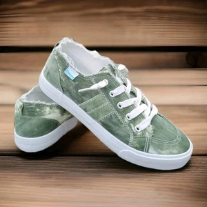 OBTAOM CANVAS SNEAKERS WOMEN'S GREEN FREYED MEMORY FOAM COMFORT Sz 8 NEW - Picture 1 of 17