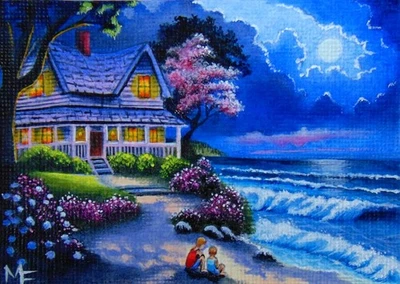 Aceo Original Cottage Beach Ocean Children Nature Landscape Acrylic Painting - Image 1 of 2