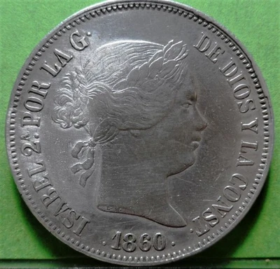 ISABEL II, 20 Reales, 1860/50, SEVILLA, DOUBLE DATE, Silver, SPAIN - Image 1 of 2
