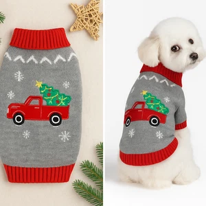 Gray Christmas Dog Sweater Knit Red Truck Holiday Pet Pullover Winter Outfit - Picture 1 of 12