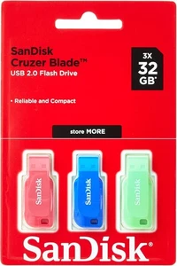SanDisk 32 Go Cruzer Blade Clé USB Bleu Rose Vert, Lot de 3 - Photo 1/7