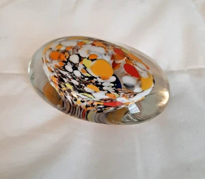 Czech Art Glass Paperweight, Clear with Yellow Orange White Brown Spots Oval - Picture 1 of 5