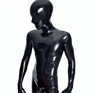 Mens Black Latex Full Bodysuit Rubber Catsuit Back Zipper Feitsh Jumpsuit 0.4mm - Foto 1 di 5