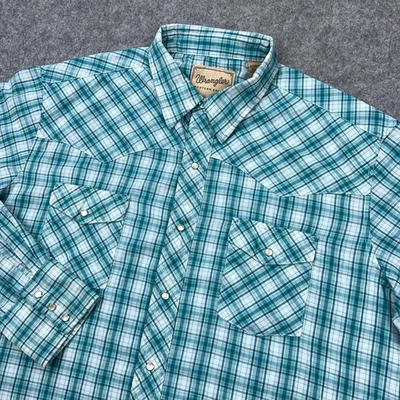 Wrangler Shirt Mens XL Green Blue Plaid Western Pearl Snap Long Sleeve Ranch - Image 1 of 4