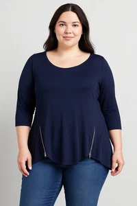 Apt. 9 Navy Blue 3/4 Sleeve Tunic Top 1X Plus Asymmetrical Hem Zipper Detail - Picture 1 of 5