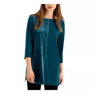 Alfani TEAL MOTIF Women's Velvet 3/4 Sleeve Boat Neck Tunic Top, US Small - Picture 1 of 4