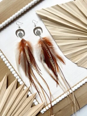 Western Boho Feather Earrings, Summer Festival Earrings, Hippie Earrings - Image 1 of 4