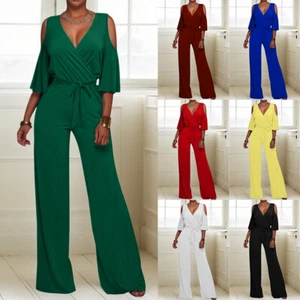 Womens Cold Shoulder V Neck Loose Jumpsuit Cocktail Party Romper Pants Playsuit - Picture 1 of 23