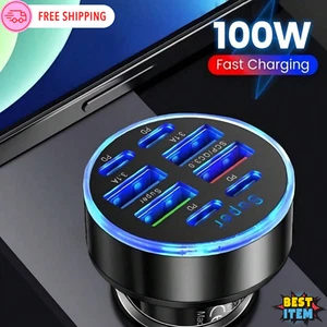 100W Car Cigarette Lighter Splitter Adapter 8-Port USB-C+ PD+ QC3.0 Fast Charger - Photo 1 sur 10