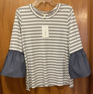 NWT Como Blu Women’s Size M Striped Blue/white Shirt blouse Ruffle Long Sleeve - Picture 1 of 9