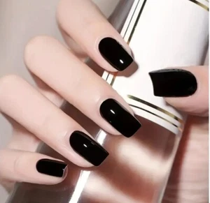 24x Glossy Press On Nails Medium Square Black Colour Full Cover False Nails - Picture 1 of 9