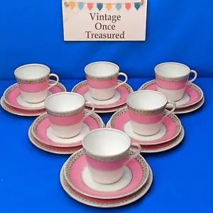 Antique Victorian Tea Set * Pink & Gold Cups Saucers Plates * Raised Enamel Dots - Picture 1 of 15