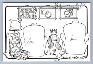 Postcard Vtg Artist Signed Bill Holdren Quilt Dog Chairs 1990 4x6 - Picture 1 of 2