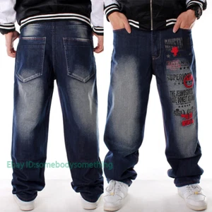 Men Denim Embroidery Hip-Hop Skateboard Trousers Jeans Loose Baggy Pants 30-46 - Picture 1 of 12