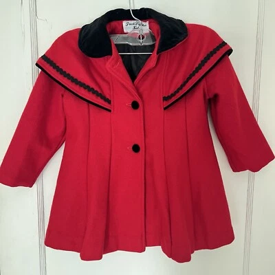 Vintage Toddler Girls Red & Black Wool Blend Winter Dress Coat Sz 4 Peacoat - Image 1 of 4
