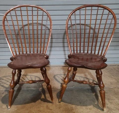 Pair of D.R. Dimes Bow Back Windsor Chairs Bench Made Cover