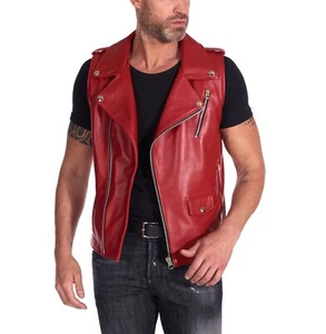 Vest Leather Biker Men's Men Motorcycle Jacket Sleeveless Style Real Son Red 3 - Picture 1 of 3