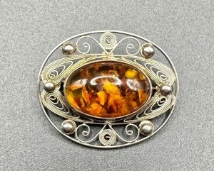 schöne alte Brosche in 835 Ag Silber mit Bernstein K033 - Picture 1 of 4