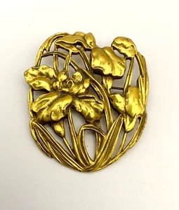 Vintage Signed HNOC Historic New Orleans Gold Tone Iris Art Nouveau Style Brooch - Picture 1 of 3
