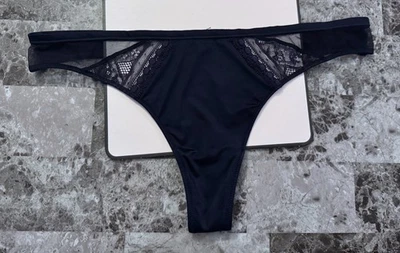 NUEVO CON ETIQUETAS BODY DE VICTORIA'S SECRET GRANDES AZUL MARINO ENCAJE MALLA RARO TANGA BRAGAS Foto 1 de 4