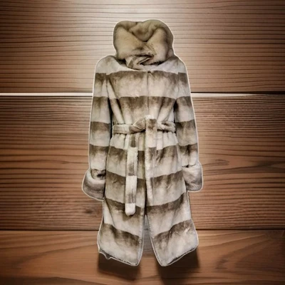 Elegant Faux Fur Hooded Coat, Striped Taupe & Cream, Midi, European Winter - Image 1 of 4