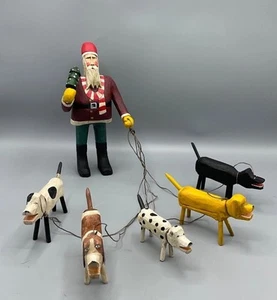 Ken Lessnau Folk Art Santa Claus Dog Walker Walking / Herding 5 Dogs - Picture 1 of 8