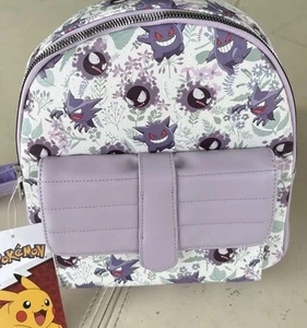 Pokemon Gengar AOP Mini Backpack White/Purple 2024 Small Button Zip Floral New - Picture 1 of 5