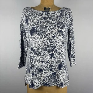 Camiseta Chico’s Ultimate para mujer talla 1 M azul marino blanco encaje estampado floral manga 3/4 - Imagen 1 de 6