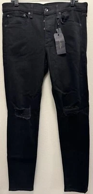 rag & bone Men's Size 34x33 Fit 1 Extra Slim Distressed Black Denim Jeans USA - Image 1 of 4