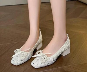 Women Round Toe Block Heels Slip On Bowknot Beads Rhinestones Pumps Party Shoes - Picture 1 of 15