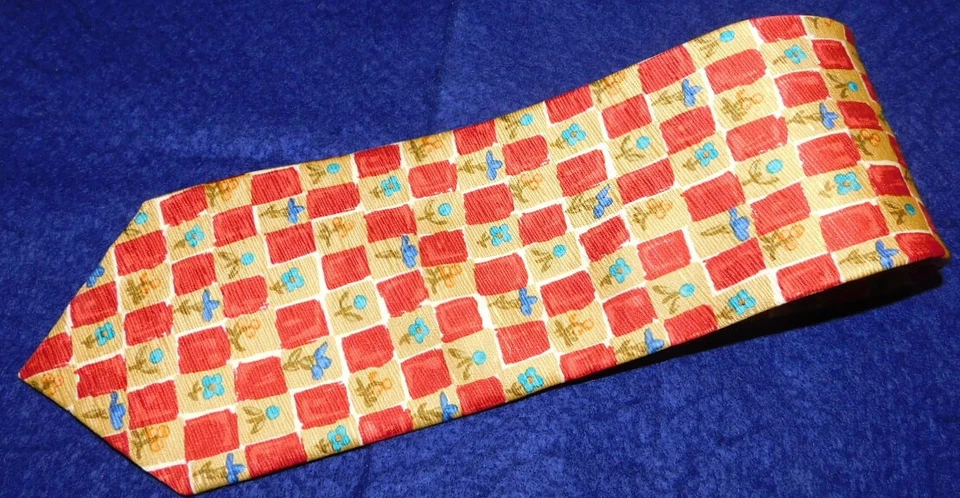PAUL FREDRICK MADE IN U.S.A. YELLOW/RED/BLUE FLORAL/GEOMETRIC TIE - NECK TIES. - Image 1 of 3