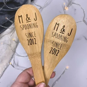 Set of 2 Personalised Spooning Since Wooden Spoons Mixing Spoon Valentines Gift - Picture 1 of 28