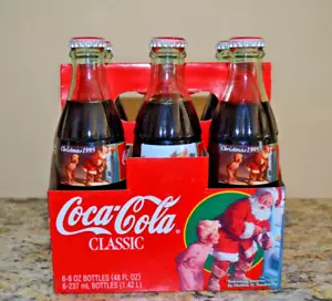 1995 Weihnachten Santa Coca Cola 6er Pack 8 Unzen grüne Glasflaschen gefüllt - VERSIEGELT - Bild 1 von 11