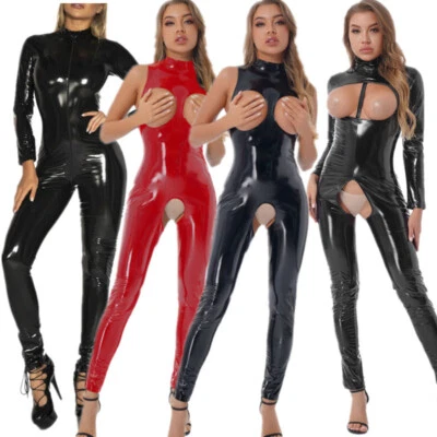 Damen Lackleder Body ärmellos Overall Mock Neck Catsuit Sexy Lingerie Clubwear - Bild 1 von 3