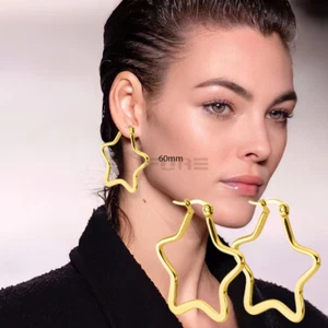 Gold Star Hoop Earrings 60MM Big 18K Gold Plated Stainless Steel Women's Jewelry - Picture 1 of 7