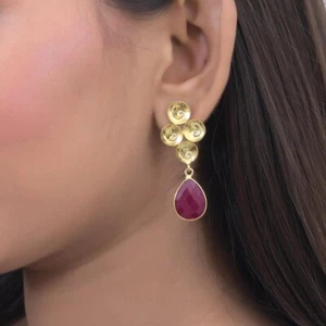 Faceted Ruby Teardrop Shape Gemstone 925 Sterling Silver Earrings Christmas Gift - Picture 1 of 5