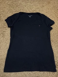 Tommy Hilfiger Black Short Sleeve V-Neck Shirt Women’s Sz L/G - Picture 1 of 6
