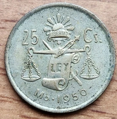 25 centavos de plata México .300 1950-Mo -  Foto 1 de 2