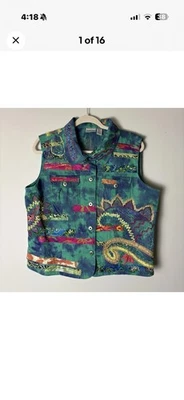 Chaleco Chico's Mujer 2 EE. UU. Grande Verde Azul Bordado Funky Arte para Usar Colorido Foto 1 de 3