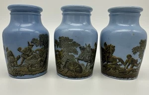 3 Antique English PRATTWARE MUSTARD JARS 1850’s WILD BOAR SPEAR HUNT DOGS HORSES - Picture 1 of 14