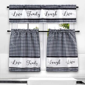 3 Piece Kitchen Curtains and Valances Set, Love Family Laugh Live, Black, White - Picture 1 of 10