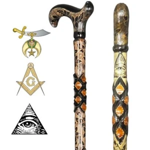 Mason Symbol Embroidered Walking Stick Handmade Snake Pattern Wooden Carved Cane - Picture 1 of 14
