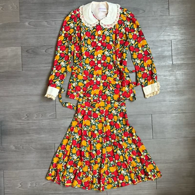 Vtg 70s Irene Kasmer Matching Floral Collared Blouse & Mini Skirt Set Size XS - Image 1 of 4