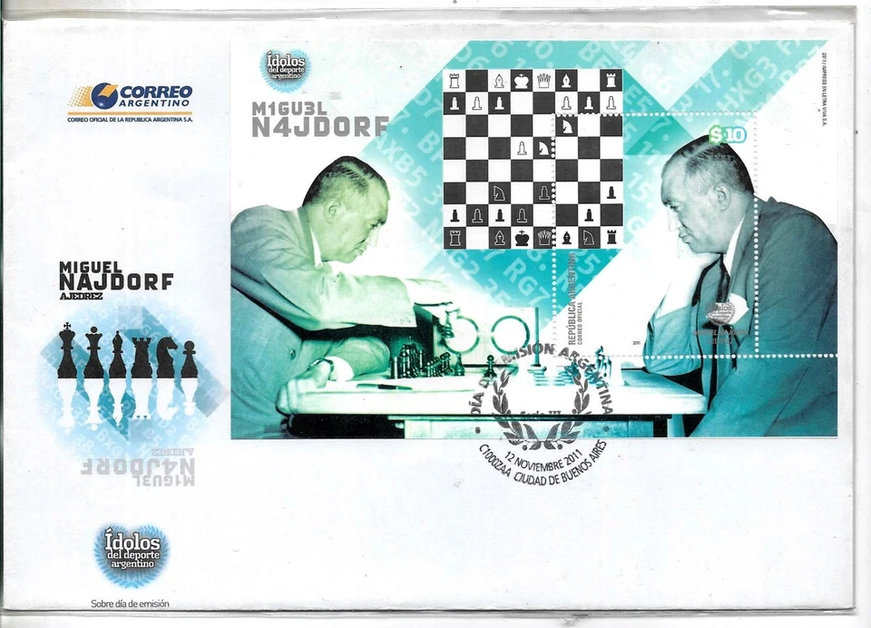 #ARF-079 ARGENTINA 2011 AJEDREZ DEPORTIVO MIGUEL NAJDORF S/HOJA FDC GJHB 237 YVBL 129 Foto 1 de 1