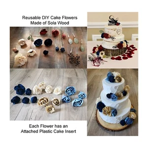 DIY Reusable Wooden Cake Flowers Blue Burgundy Pink Yellow Sola Wood Wedding - Picture 1 of 26